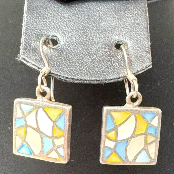 Vintage Sterling Silver Square Mosaic Dangle Earrings Blue & White Inlay Artisan